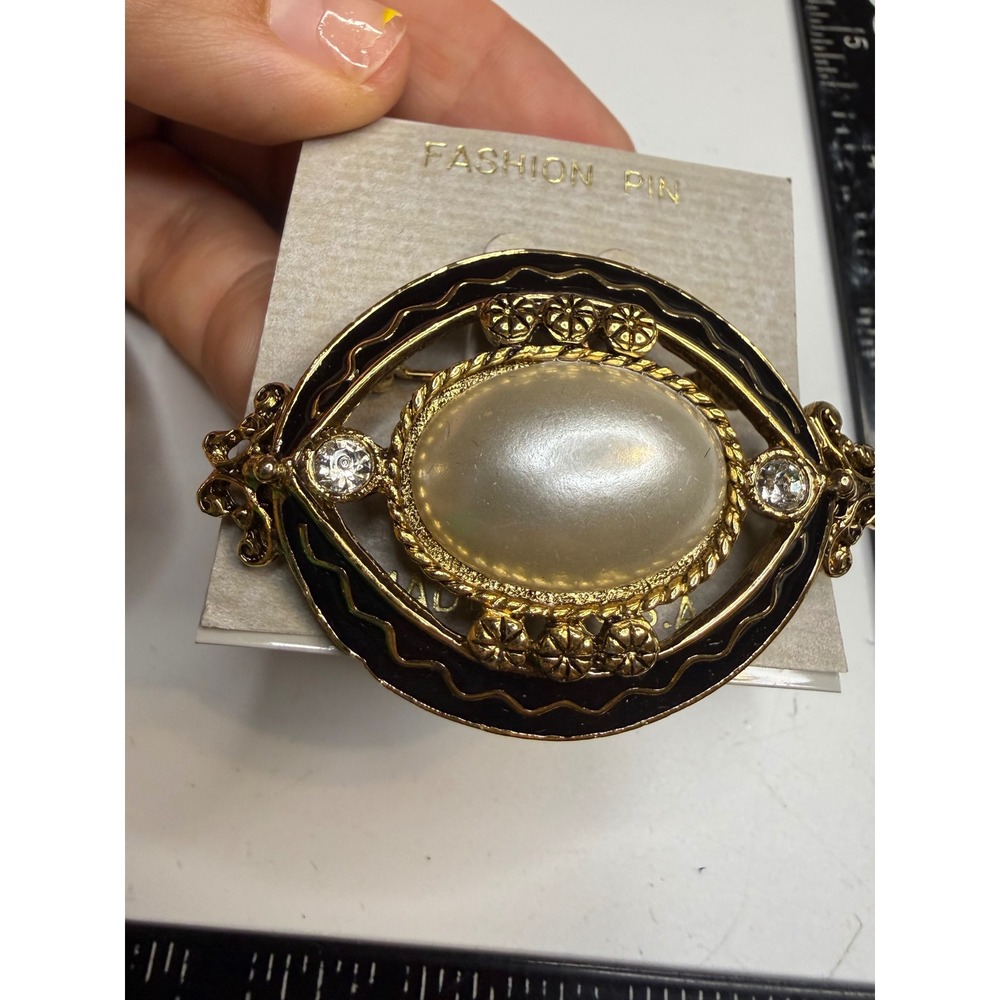 Vintage Gold Tone Faux Pearl Black Enamel Rhinestone Oval Brooch Made in USA